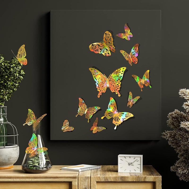 DELEMI 60 Pcs 3D Iridescent Gold Butterfly Wall Decor, Holographic Decorations with Set 5 Style DIY Man Made Removable Decorative for Home, Party - Image 2